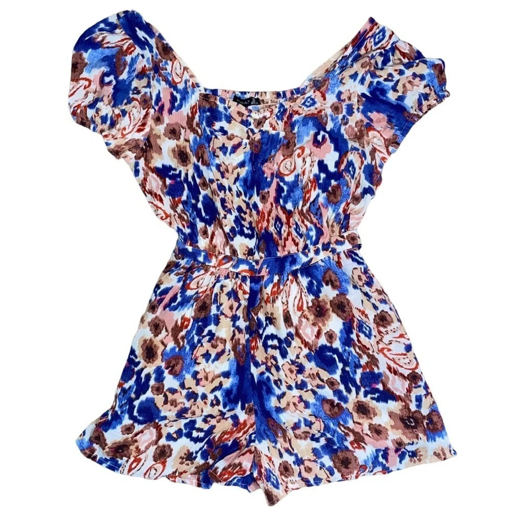 Black Tape Smocked Romper Size Small Bollywood Floral Boho Preppy Summer Spring